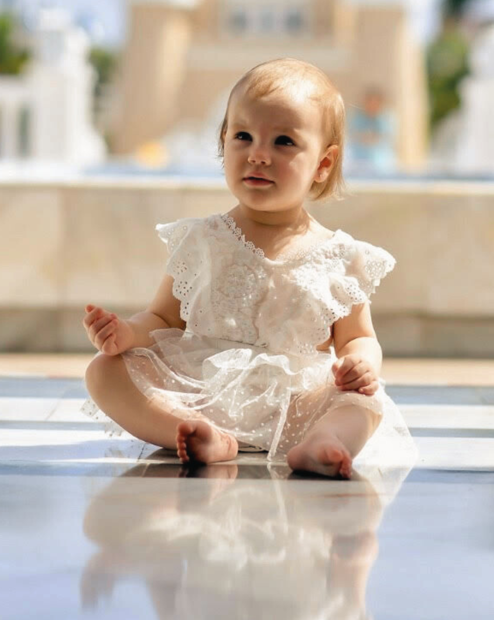 White lace baby girl dress for first birthday photos