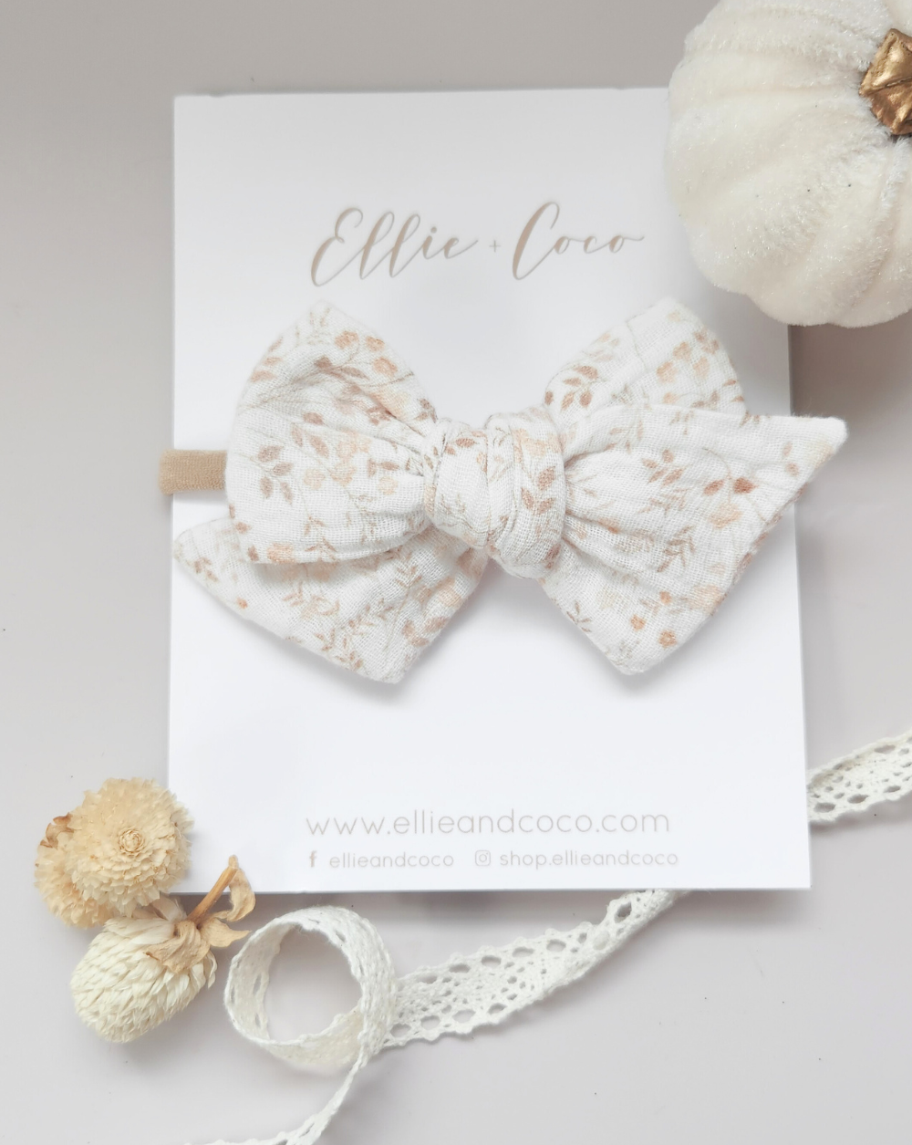 Gauze Floral Baby Bow headband, boho beige wildflowers, heirloom baby shower gift