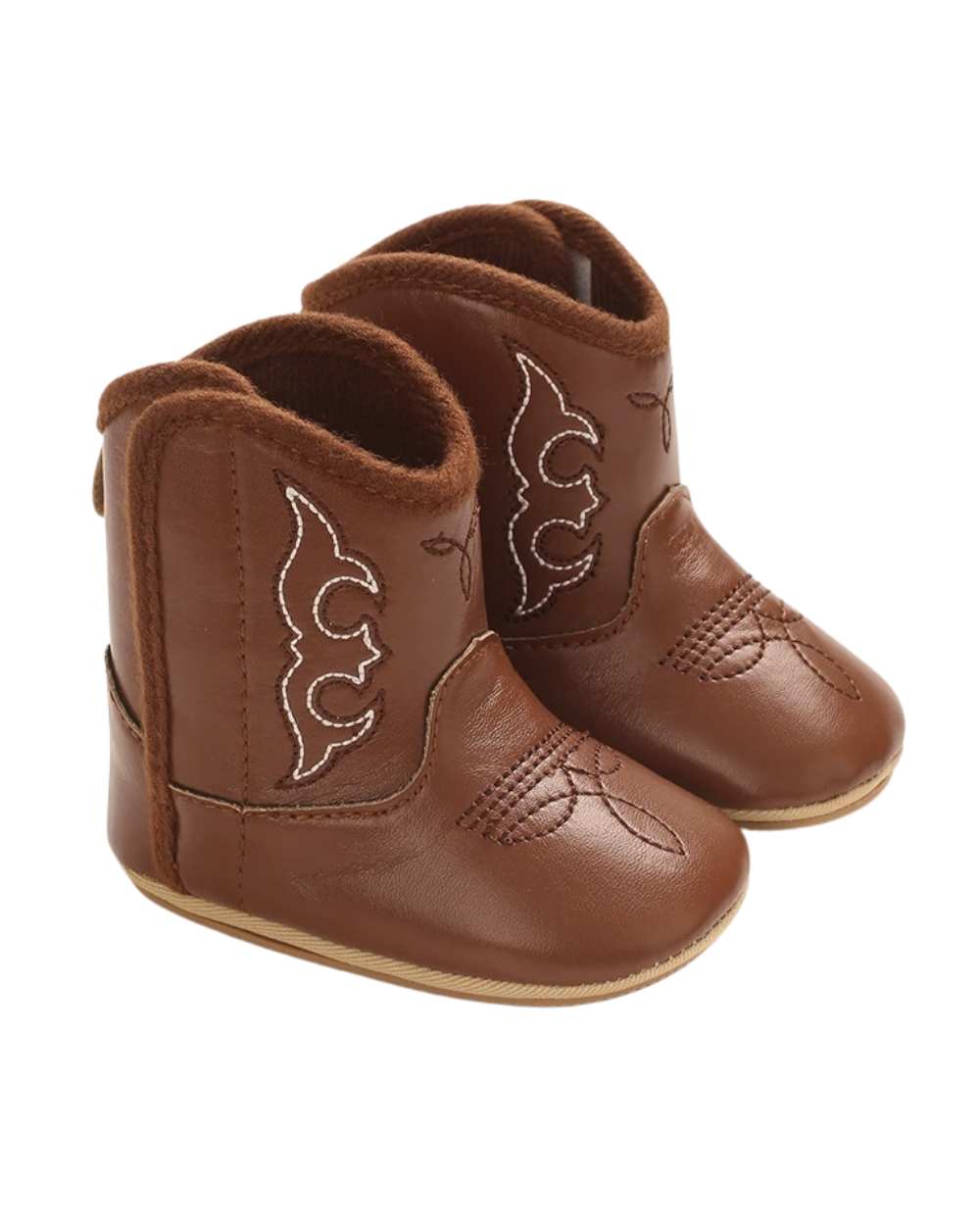 brown leather baby cowboy boots with decorative stitching