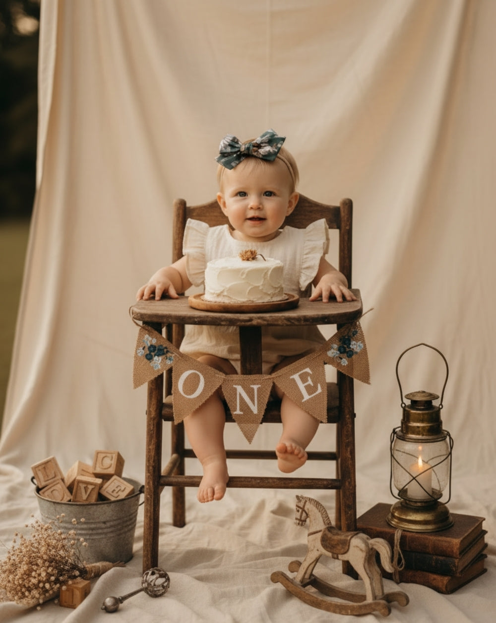 1st bday girl photoshoot with teal blue floral bow headband