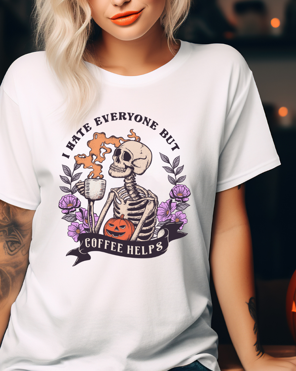 womens halloween t shirt. skeleton drinking coffee. I hate everyone but coffee helps.
