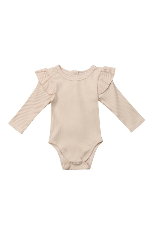 beige ruffle sleeve baby onesie