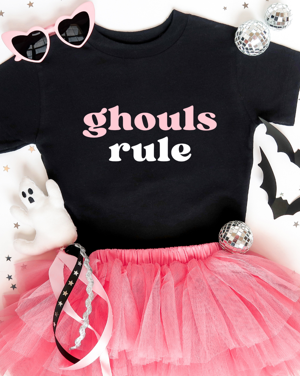 Retro Halloween Shirt for baby, pastel pink and white writing that says Ghouls Rule