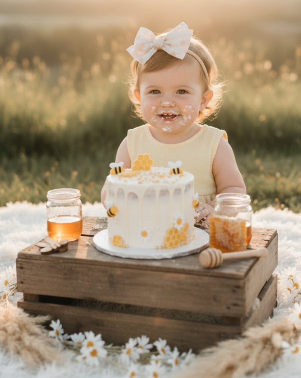 honeycomb baby bow for bee first birthday cake smash photoshoot