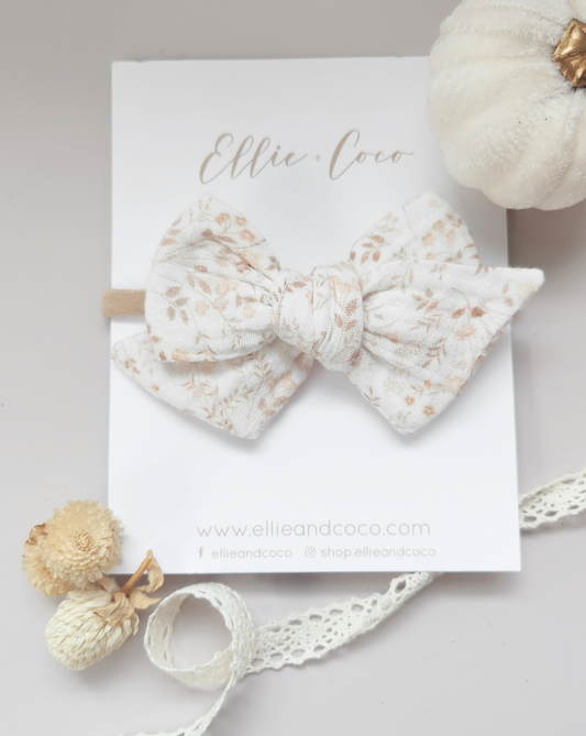 Gauze Floral Baby Bow headband, boho beige wildflowers, heirloom baby shower gift