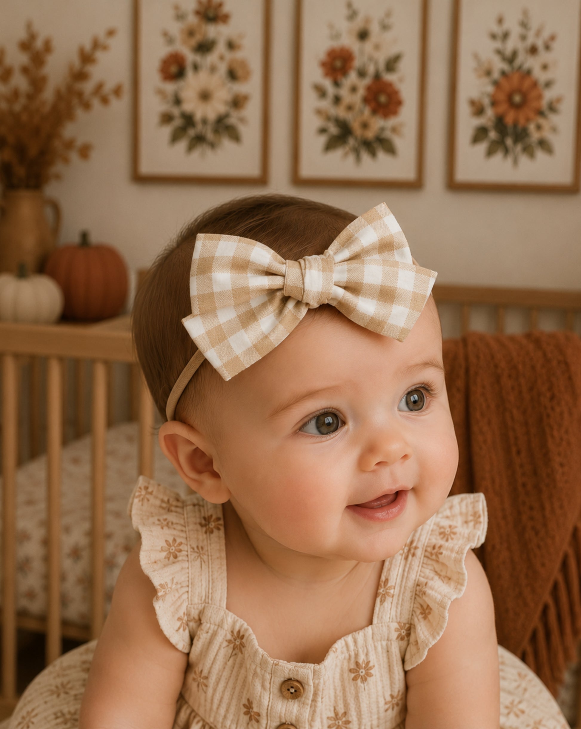 beige gingham baby bow headband