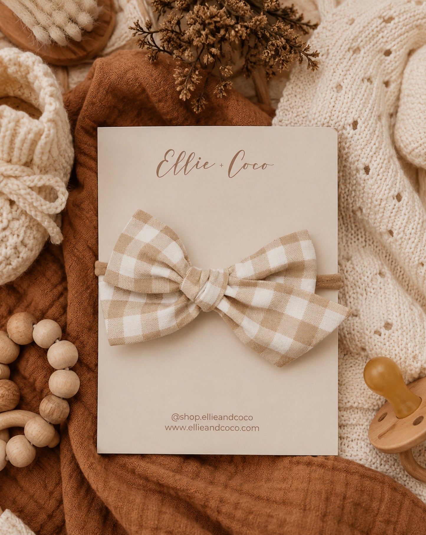 beige gingham baby bow headband for fall outfits
