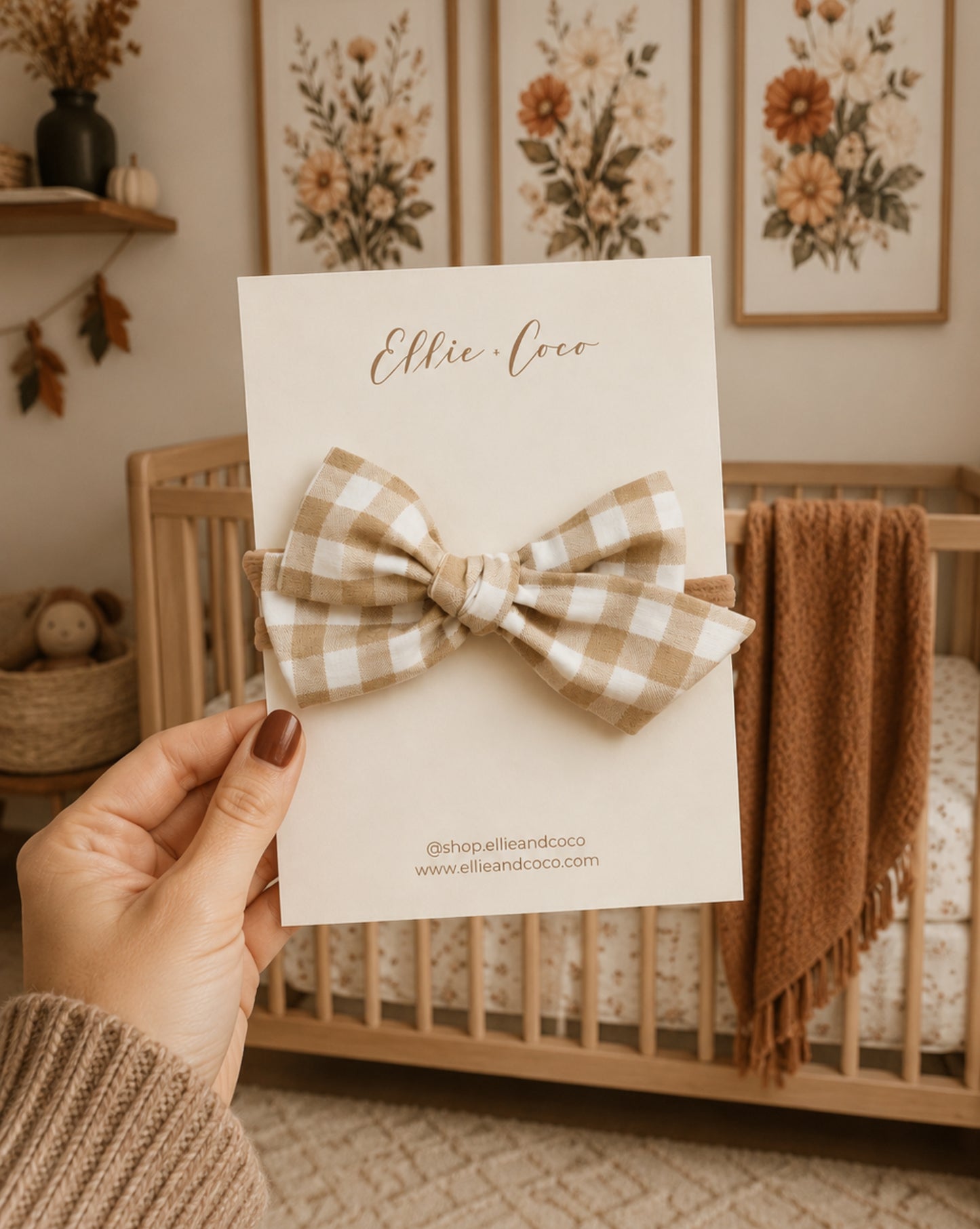 beige gingham baby bow headband