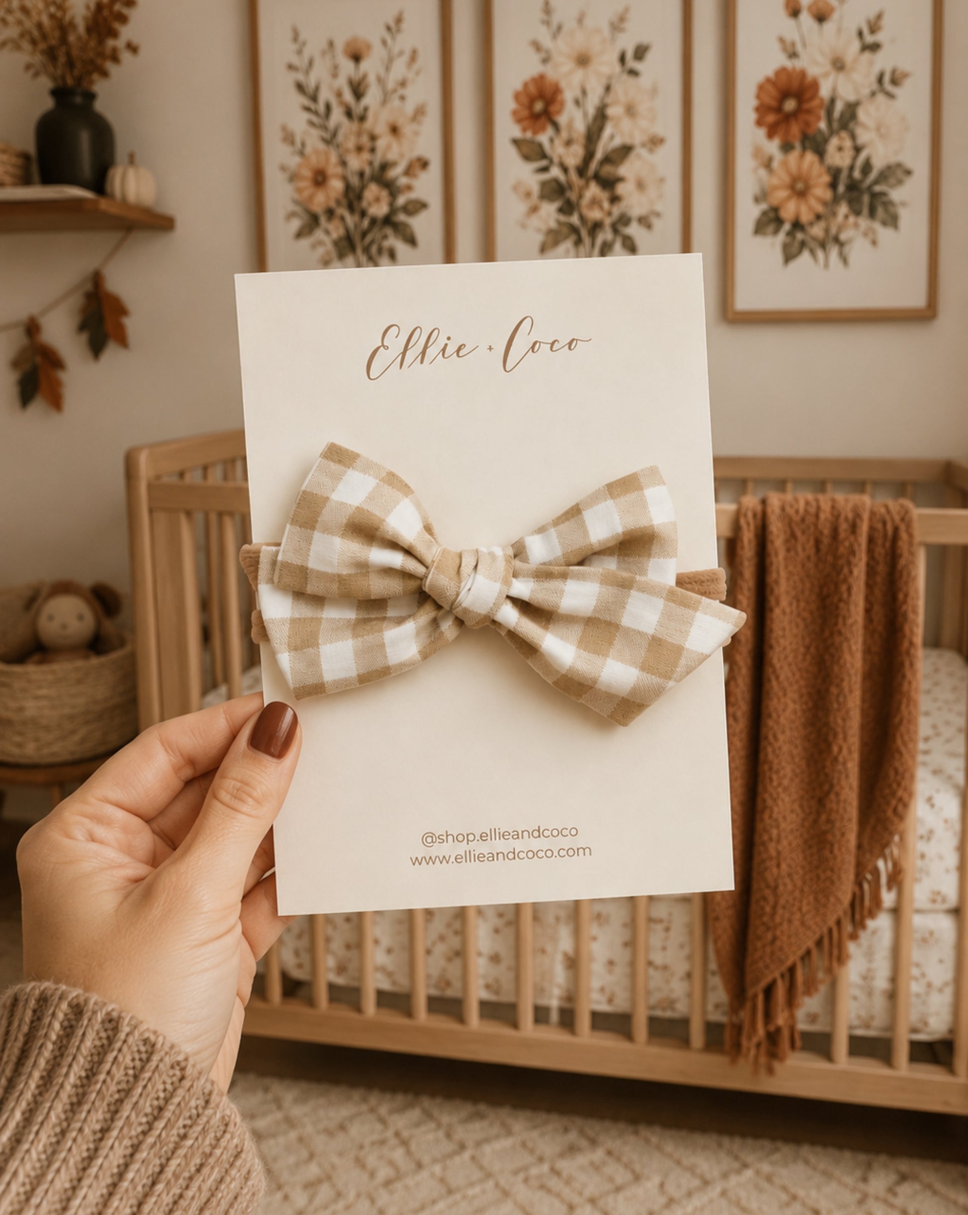 beige gingham baby bow headband