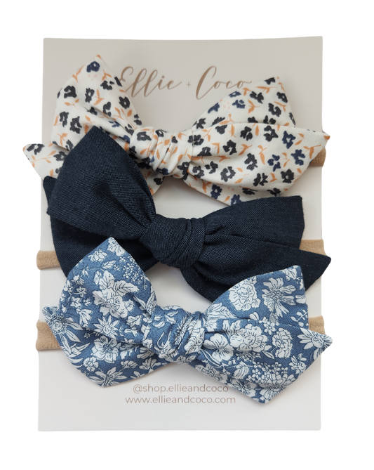 blue floral baby bow headband set for baby shower gift