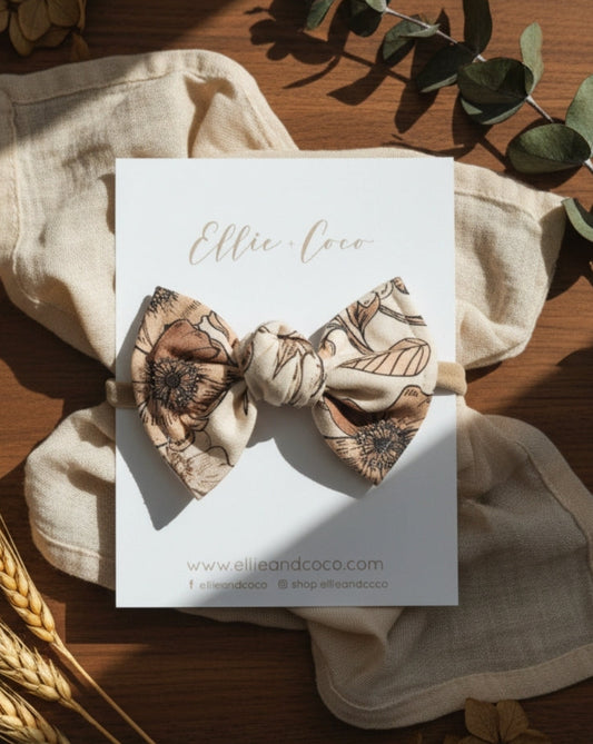 brown floral neutral beige baby bow headband