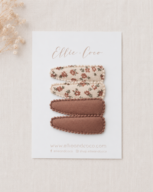 brown and floral vintage snap clips for baby and toddler girls
