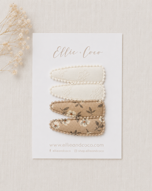 brown and white floral vintage snap clips for baby and toddler girls