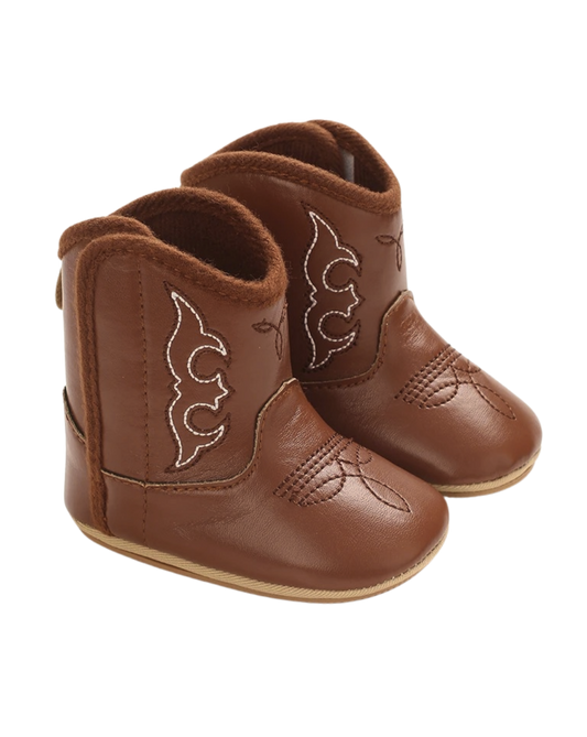 brown leather baby cowboy boots with decorative stitching