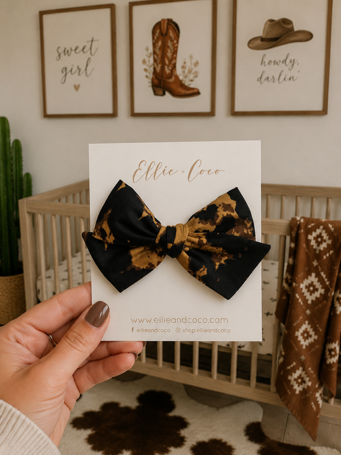 brown cow print baby bow headband