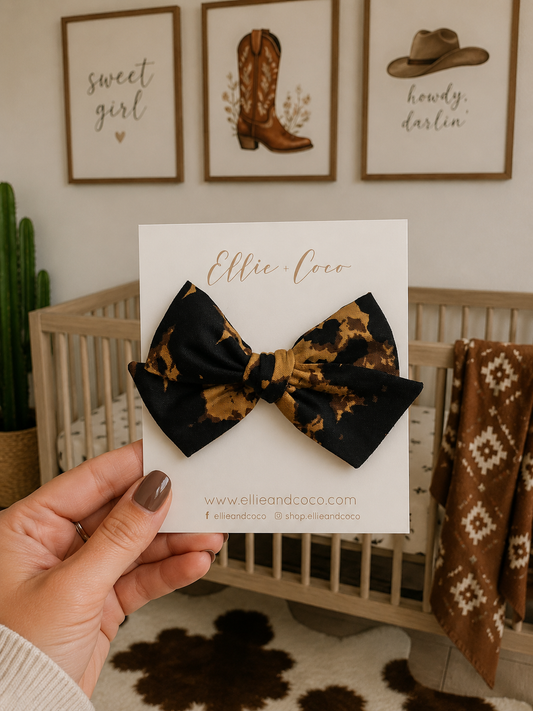 brown cow print baby bow headband