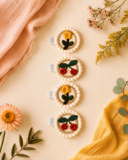 Decorative toddler hair clips with floral and cherry designs on a beige background.