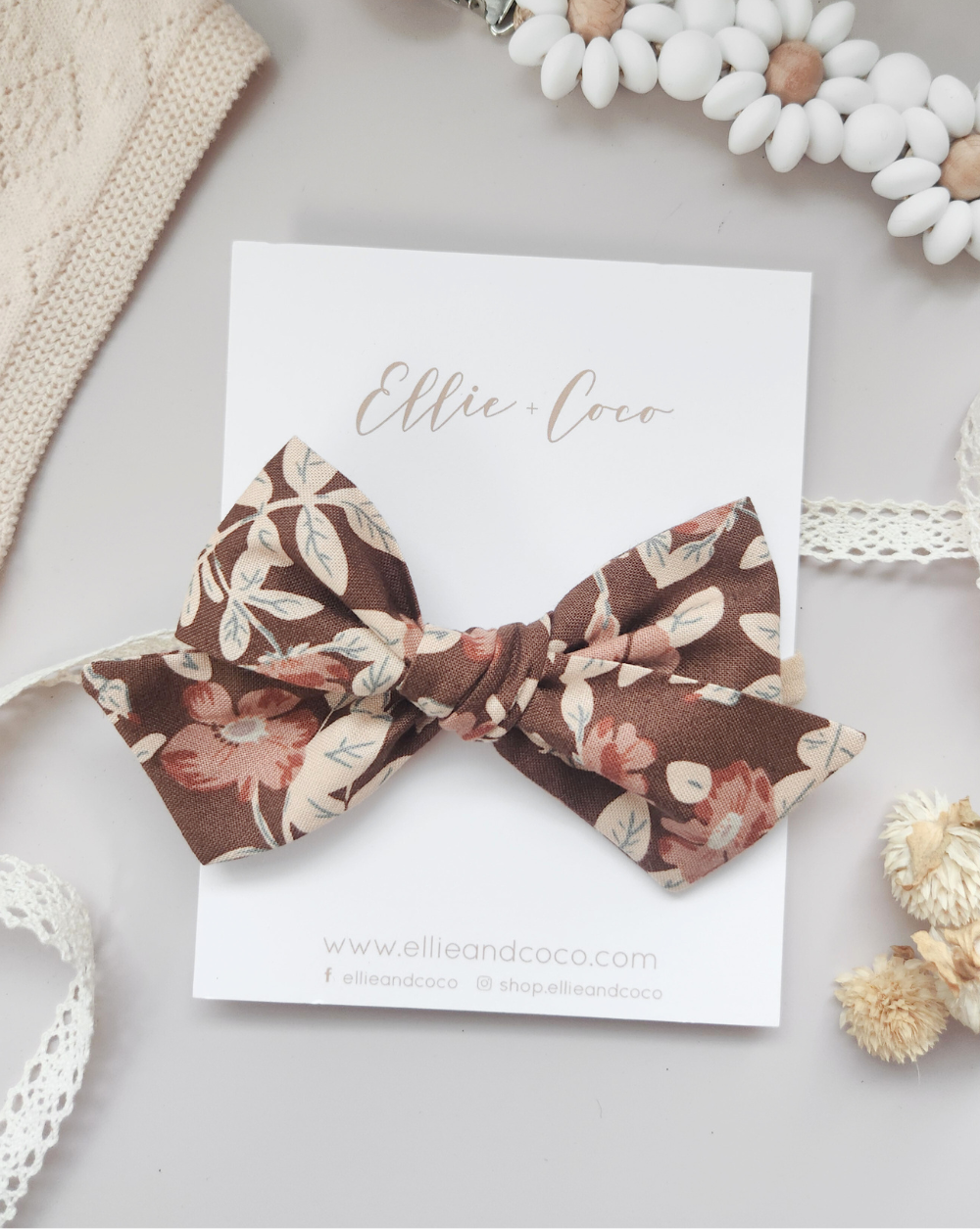 fall floral baby bow headband, boho brown