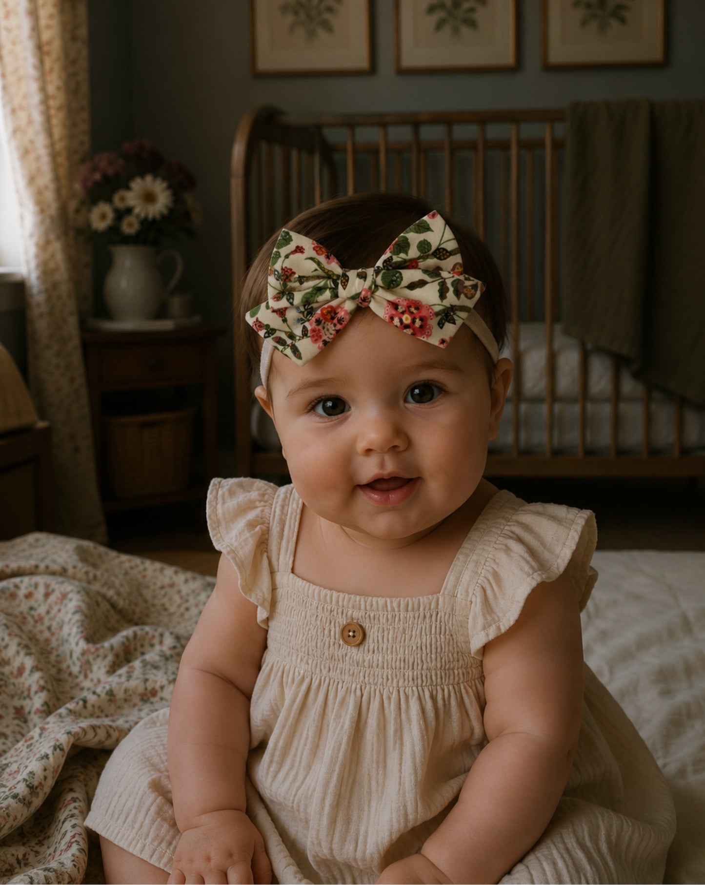 baby girl wearing a floral baby bow headband in a vintage styled nursery