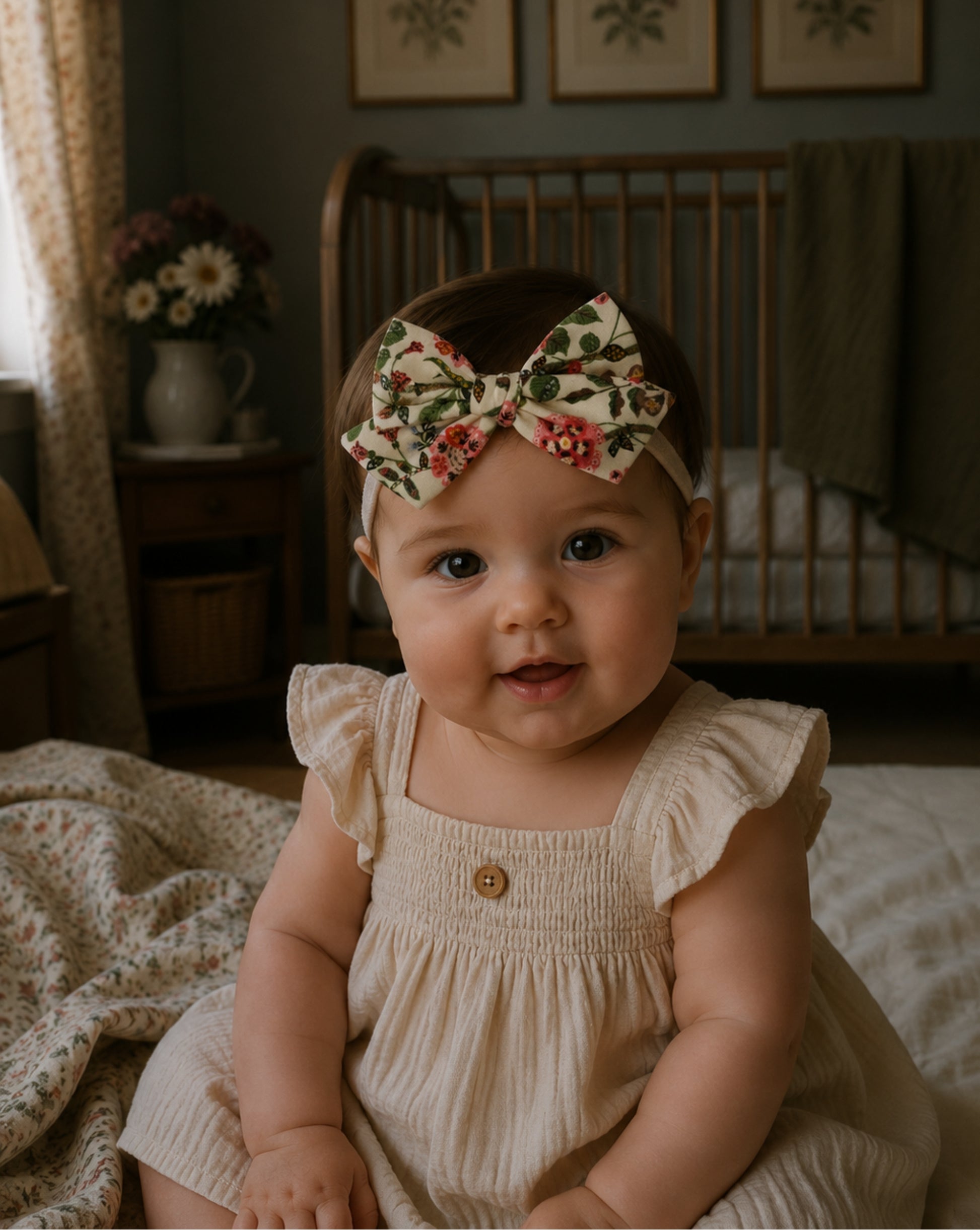 baby girl wearing a floral baby bow headband in a vintage styled nursery