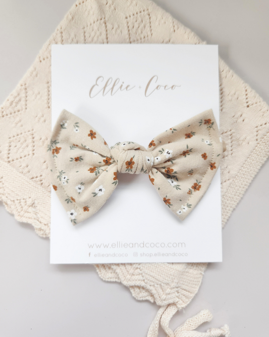 floral boho baby bow beige stretchy headband with small flowers