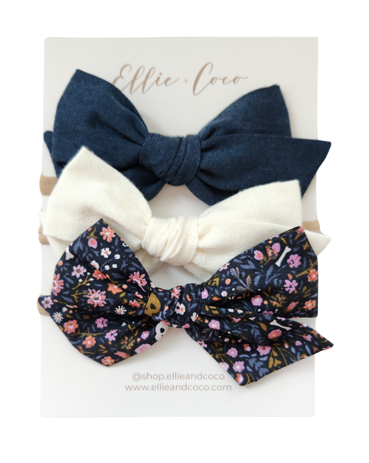 navy blue halloween baby bow headband set with skulls and bones
