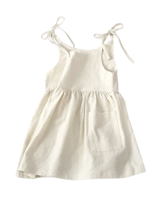 1 year old toddler girl dress ivory white linen with tie string straps and pockets