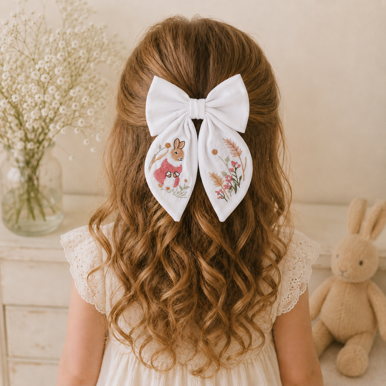 little girl wearing a big white sailor bow with an embroidered bunny  rabbit on it