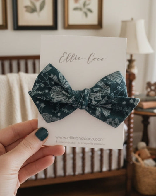 navy and teal floral cottagecore baby bow headband