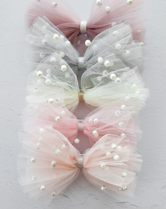 tulle pearl hair bow for baby and toddler