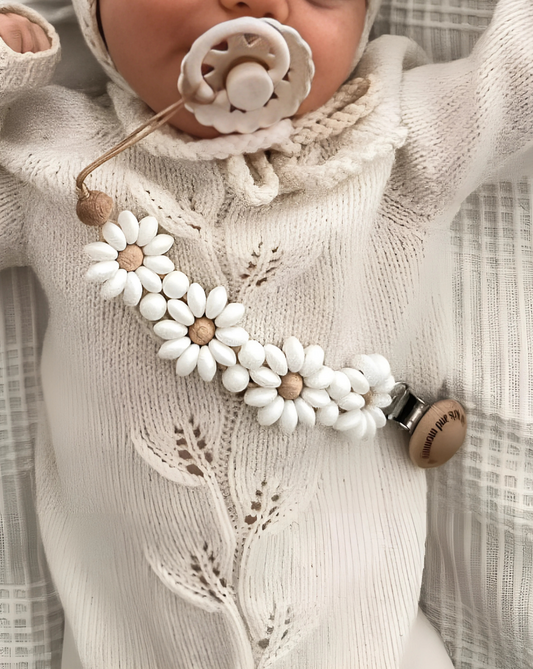 white daisy flower pacifier clip, silicone and wood