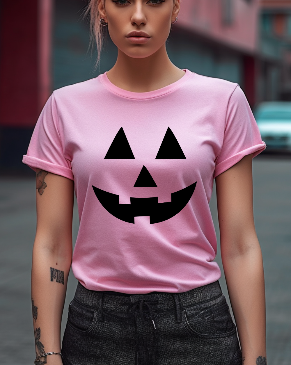 pink womens halloween tshirt with jack o lantern pumpkin face
