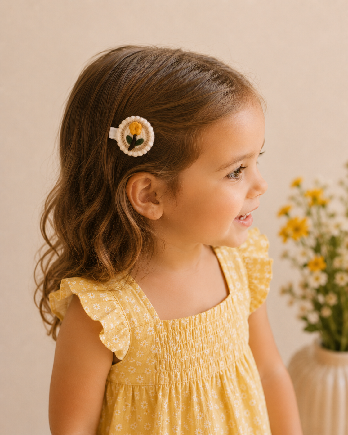 toddler girl wearing an embroidered yellow floral hair clip.